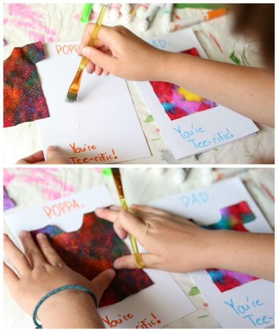 gluing paper towel t-shirt on homemade Father's Day card