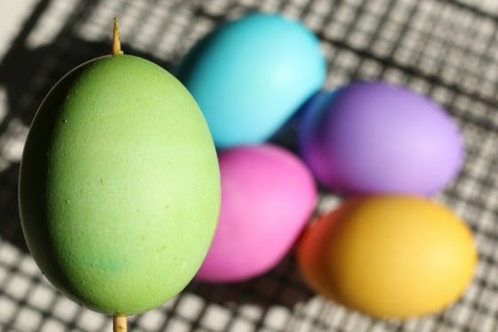 green, blue, pink, purple and yellow eggs dyed with Wilton icing gels