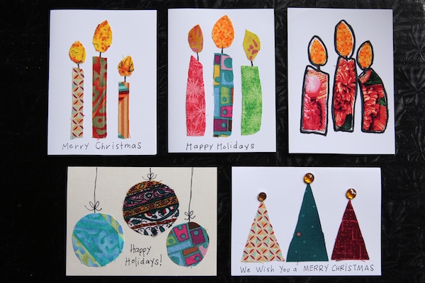 scrap fabric Christmas cards - candles, round ornaments and triangle Christmas trees