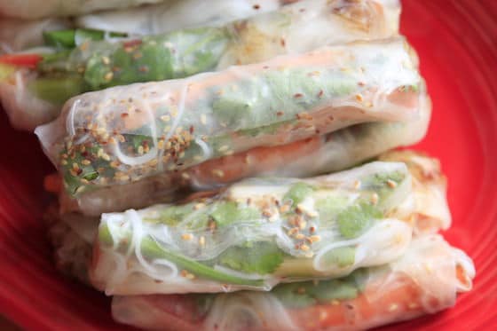 Healthy, fresh spring rolls with rice paper wrappers