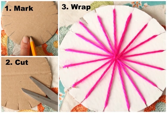 Step photos for making a circular cardboard loom 