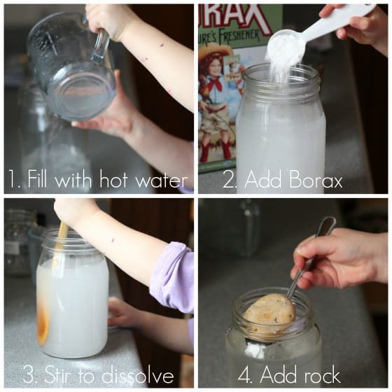 Step by step photo tutorial of borax crystal experiment on beach rocks