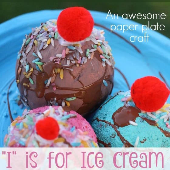 Letter I craft - styrofoam ball Ice cream sundae on a paper plate