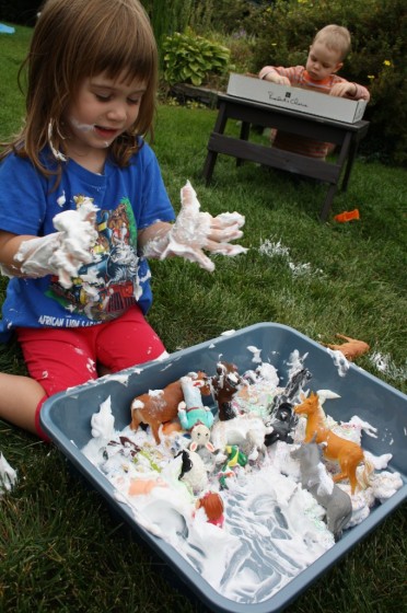  shaving cream and glitter sensory bin