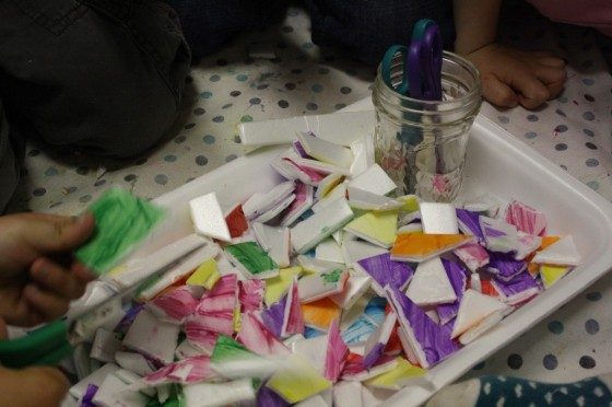 tray full of painted styrofoam pieces