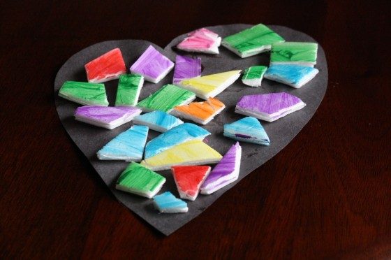 heart mosaic made with painted styrofoam meat tray pieces