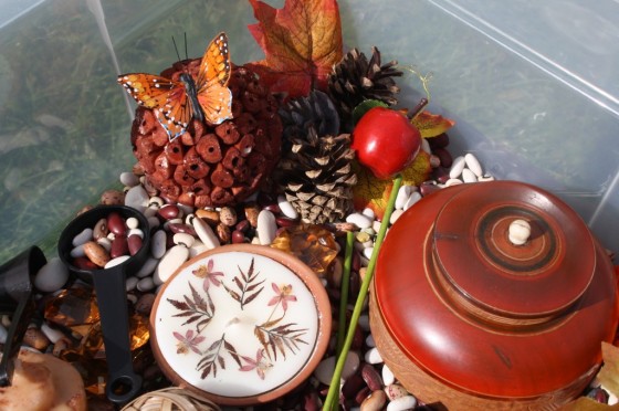 dollar store items in a fall sensory bin 