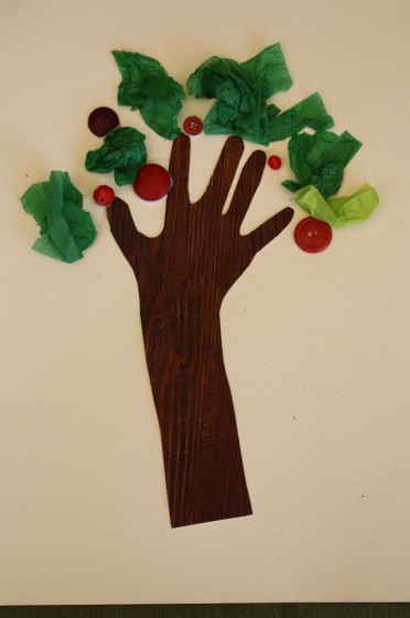 tissue paper, red buttons, brown textured paper for preschool apple tree craft 