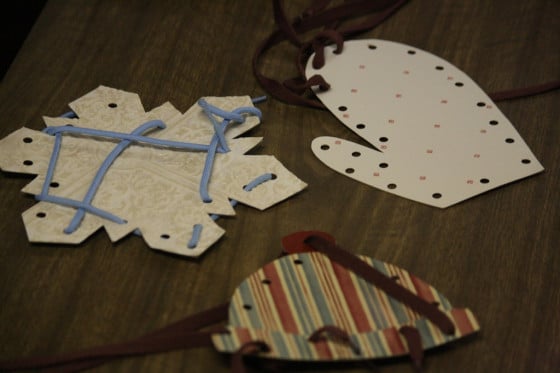 mitten, hat and snowflake lacing cards with shoelaces