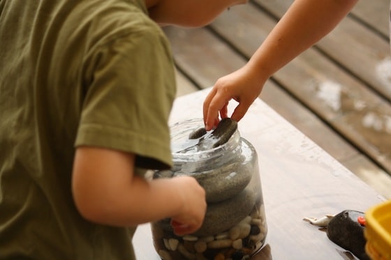 experimenting with different sizes of stones to raise the water level