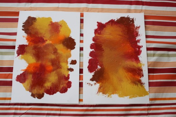 smoosh painted canvases prepared by toddlers and preschoolers for fall collage art