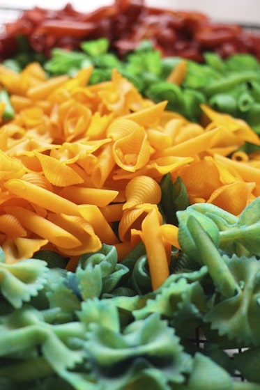 Coloured Pasta drying on a baking rack