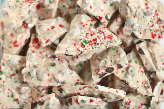 easy holiday bark with chocolate chips and candy canes