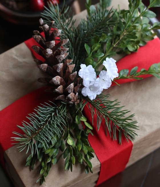 gift wrapped in brown paper, red ribbon, pinecone and greenery