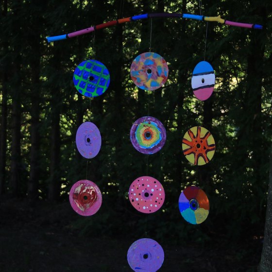 Colourful Mobile made by kids from old CDs and DVDs