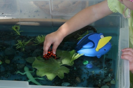 toddler putting toy frog on lily pad in sensory bin