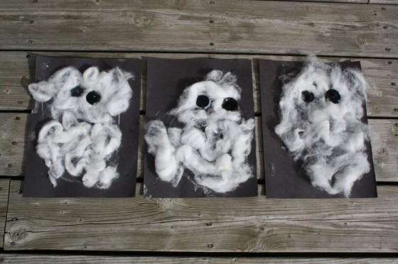 3 cotton ball ghosts made by toddlers and preschoolers