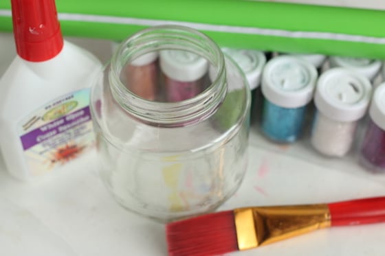 glass jar, glitter, paintbrush, glue, contact paper