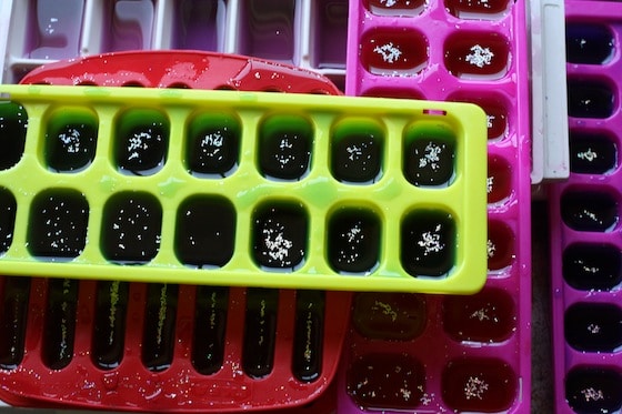 coloured, glittery ice cubes for a science activity