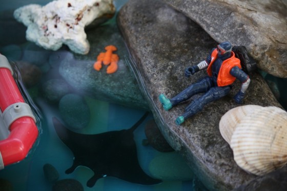 water, rocks and boats in activity bin