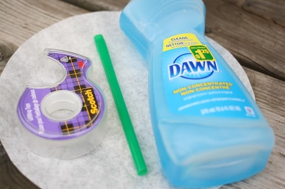 dawn dish detergent, drinking straw, coffee filter, tape