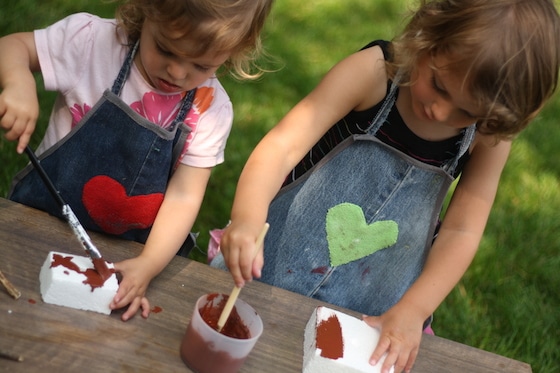 kids wearing homemade denim aprons for crafting