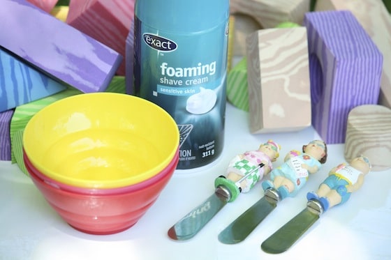 foam blocks, shaving cream, bowls, pate spreaders