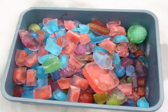 bin of coloured ice cubes