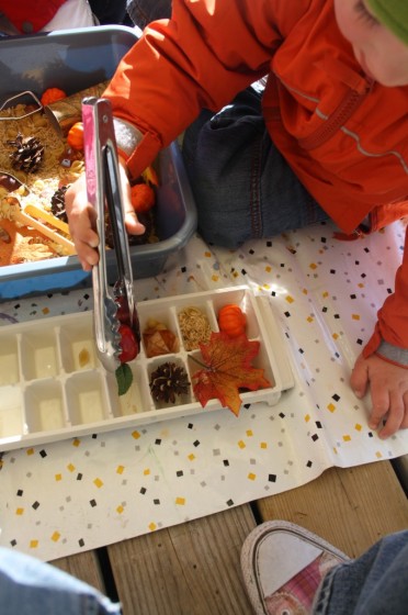 preschooler putting items in ice cube tray with tongs