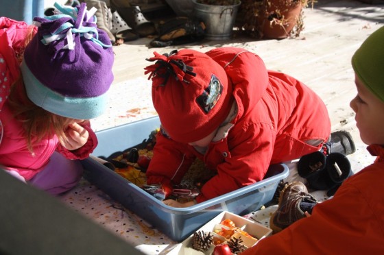 Toddler playing in autumn sensory bin 