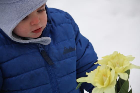 baby playing with artificial flowers in the snow