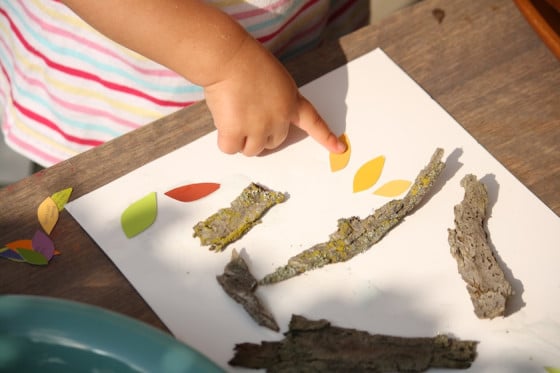 gluing fall paint chip "leaves" to our project