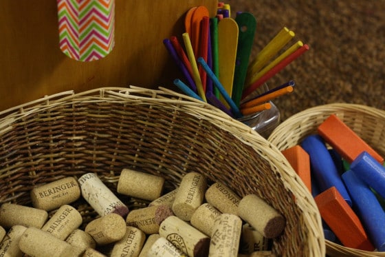 wine corks, craft sticks and blocks for cardboard drop zone