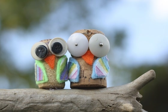 cork owls with fabric scraps and buttons