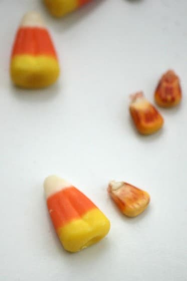 candy corn kernel beside real corn kernel