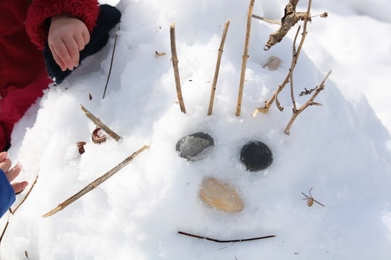 face in the snow with sticks, shells and stones