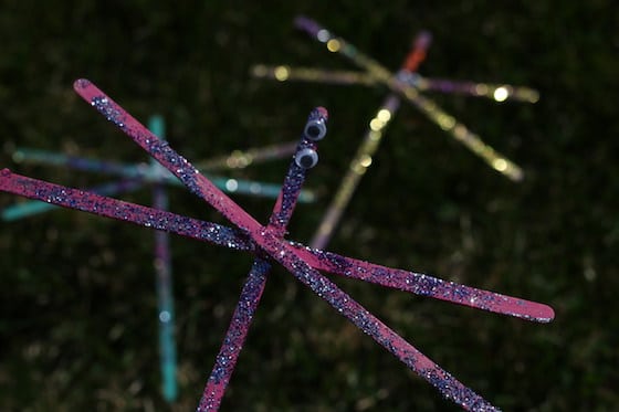 3 glittered dragonflies made from starbucks' stir sticks