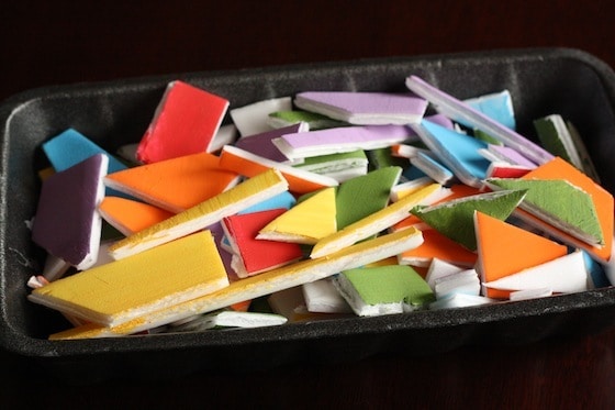 painted styrofoam meat tray cut into irregular shapes