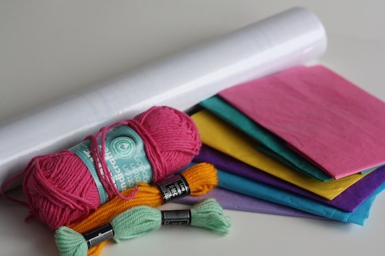 tissue paper, contact paper, yarn