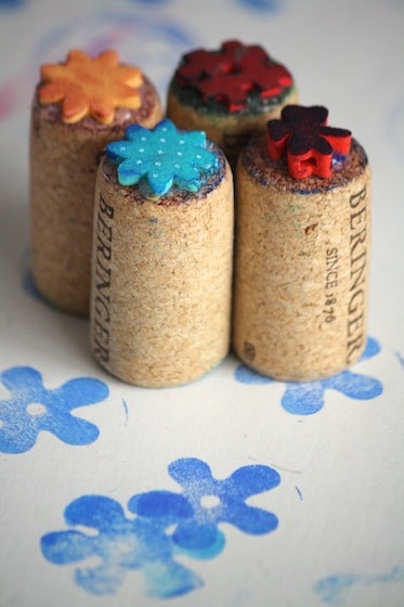 homemade stamps from wine corks and craft foam flowers