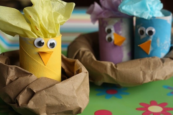 toilet roll chicks in paper bag nests - an easy easter craft for kids