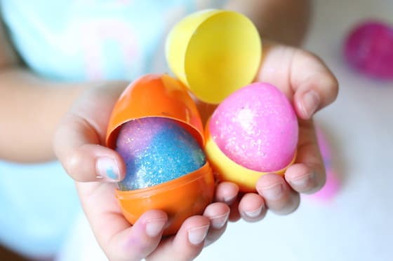 homemade Elmer's glue slime in plastic eggs