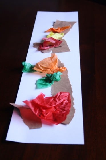 toddler fall art with tissue paper and torn paper bag