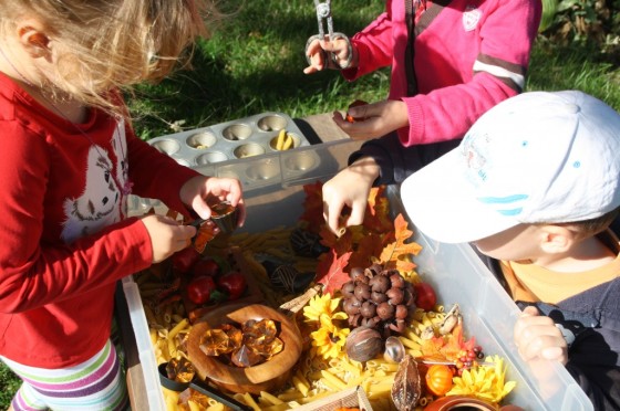 preschoolers and toddler playing with fall sensory bin