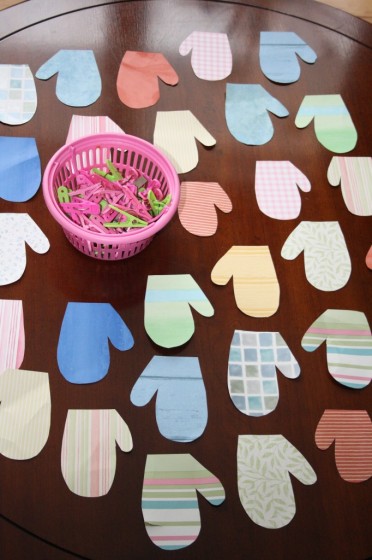 homemade mitten matching activity made from wall paper samples 