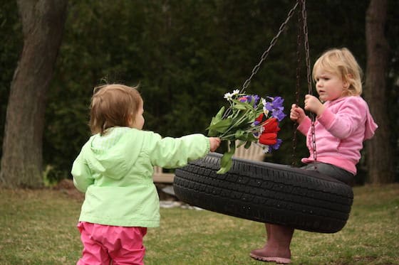 baby giving flowers to toddler on the tireswing