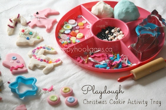 Christmas play dough Activity tray surrounded by play dough cookies