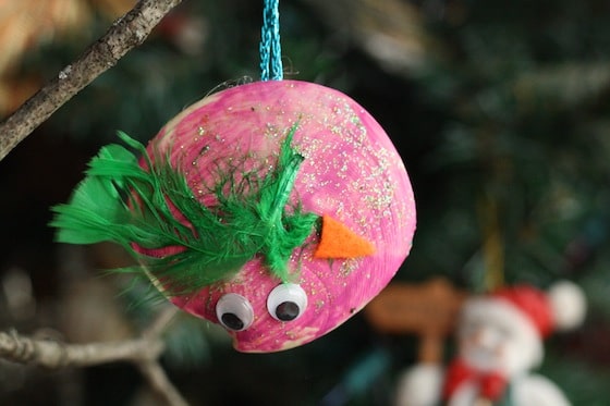 bird christmas ornament made from a seashell