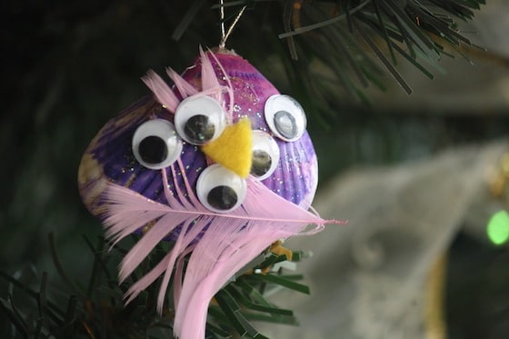 pink and purple seashell bird ornament