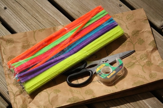  pipe cleaners, paper bag, scissors and tape